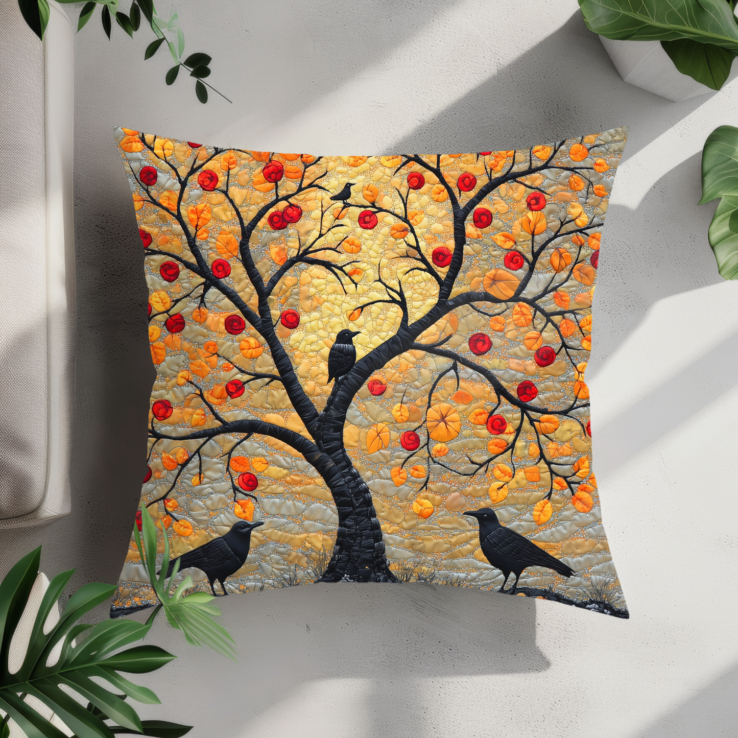 Autumn Crow Tree Throw Pillow, Fall Decorative Square Pillow