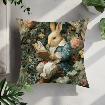 Storybook Rabbit Reading Pillow, William Morris Style Vintage Bunny Among Flowers