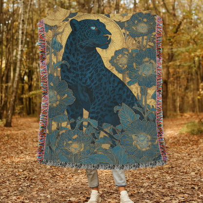Midnight Bloom Panther Woven Blanket, Art Nouveau Floral Jungle Throw