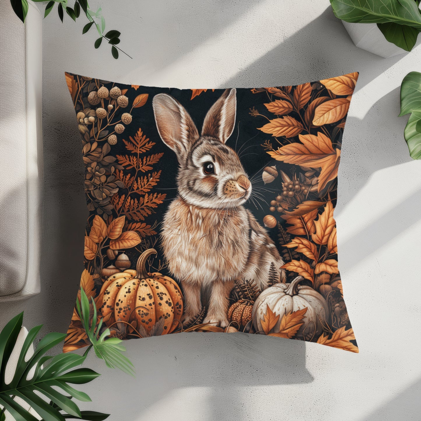 Bunny Fall Forest Square Pillow, Autumn William Morris Decor, Cute Woodland Animal Throw Cushion, Seasonal Harvest Home Accent, Cozy Rustic