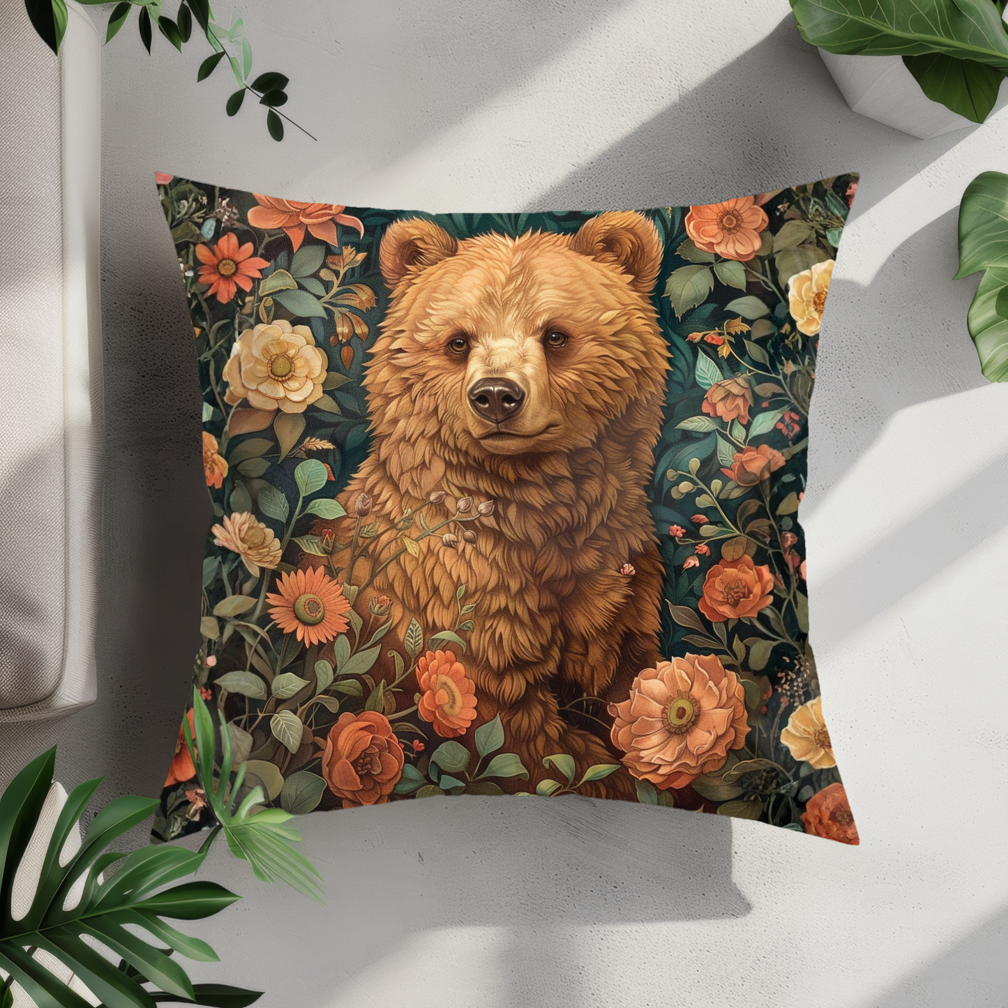 William Morris Floral Bear Pillow Spun Polyester Square Pillow | Decorative Home Accent