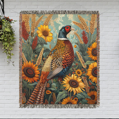 Art Deco Print Pheasant Grains Sunflowers, William morris Inspired Woven Cotton Blanket, Cozy Home Decor Blanket