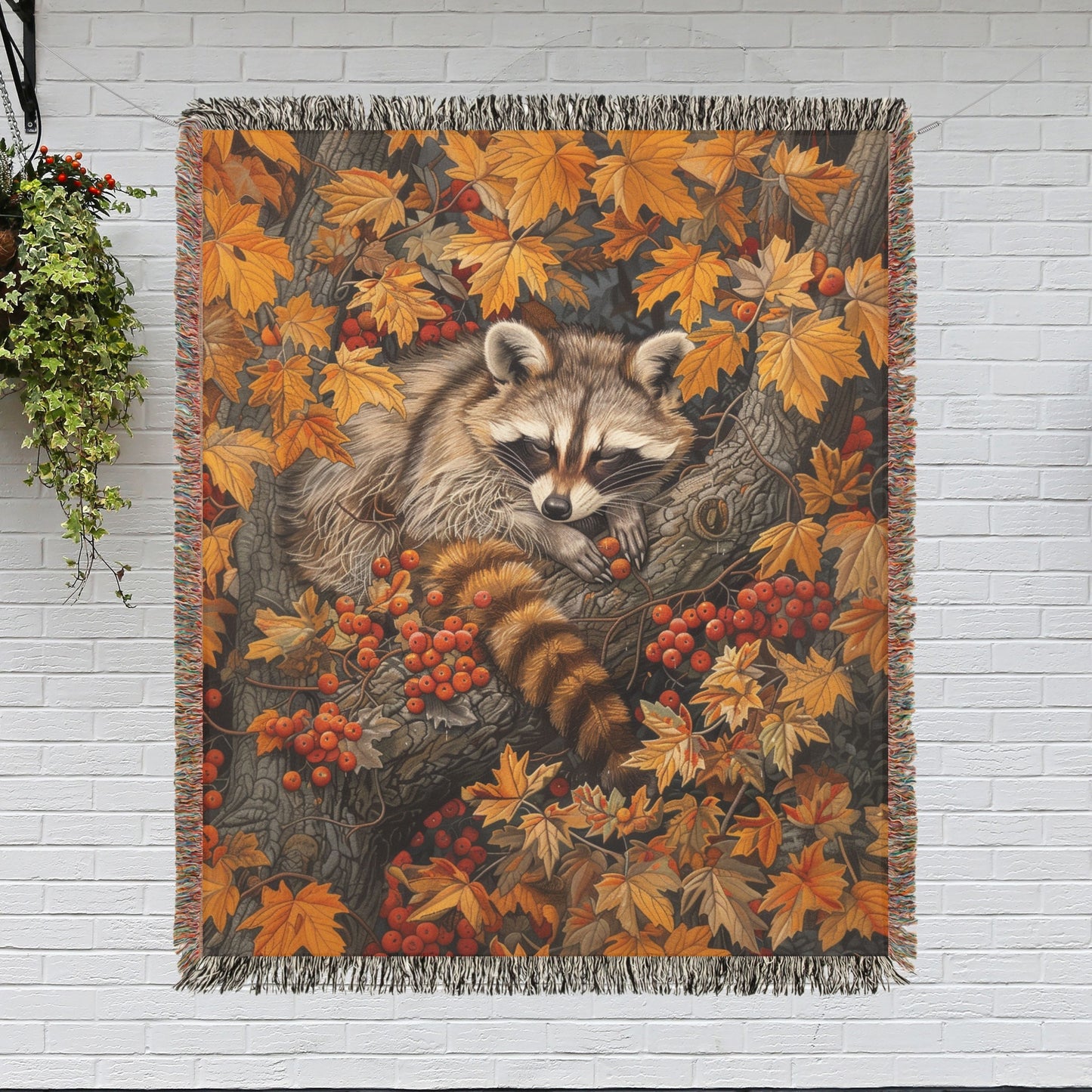 William Morris Inspired Sleeping Raccoon Forest Fall Leaves Woven Blanket, Home Decor Gift, Cozy Throw, Bedspread, Wall Tapestry