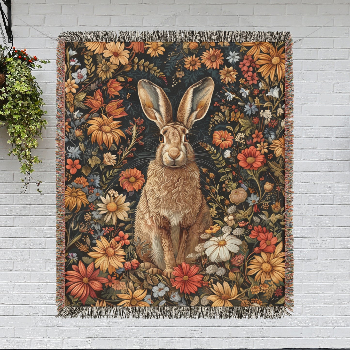 William Morris Inspired Brown Hare With Winter Flowers Woven Blankets, Cozy Home Decor Jacquard Cotton Woven Blanket