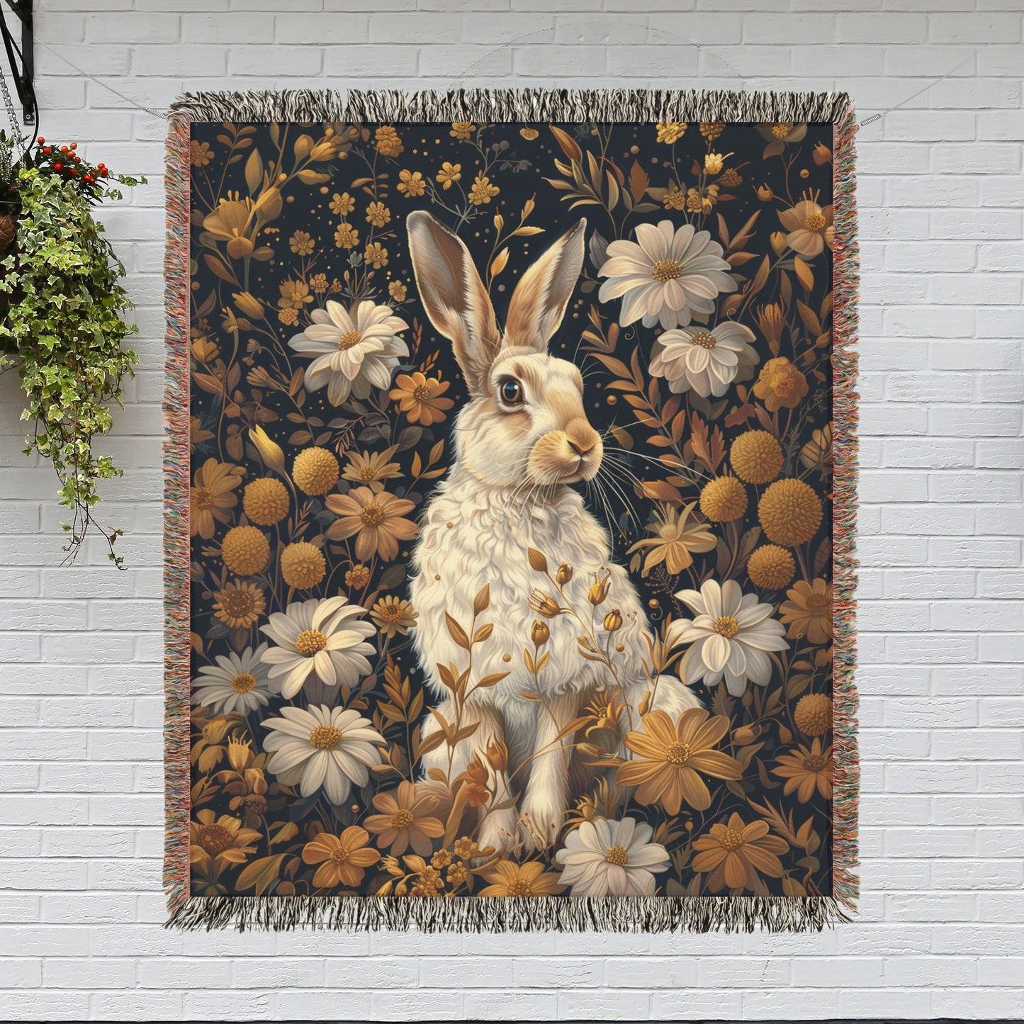 William Morris Inspired White Hare With Gold Winter Flowers Woven Blankets, Cozy Home Decor Jacquard Cotton Woven Blanket