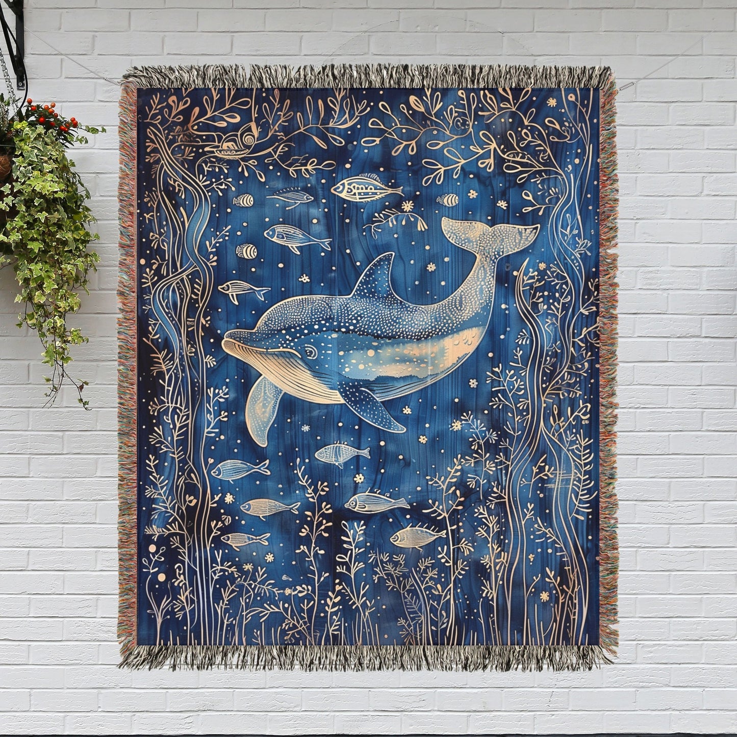 Indigo Ink Dolphin Pattern Woven Blanket, Cozy Home Decor Jacquard Cotton Throw, Bedding Blanket, Beach Picnic Wrap, Animal Lover Gift