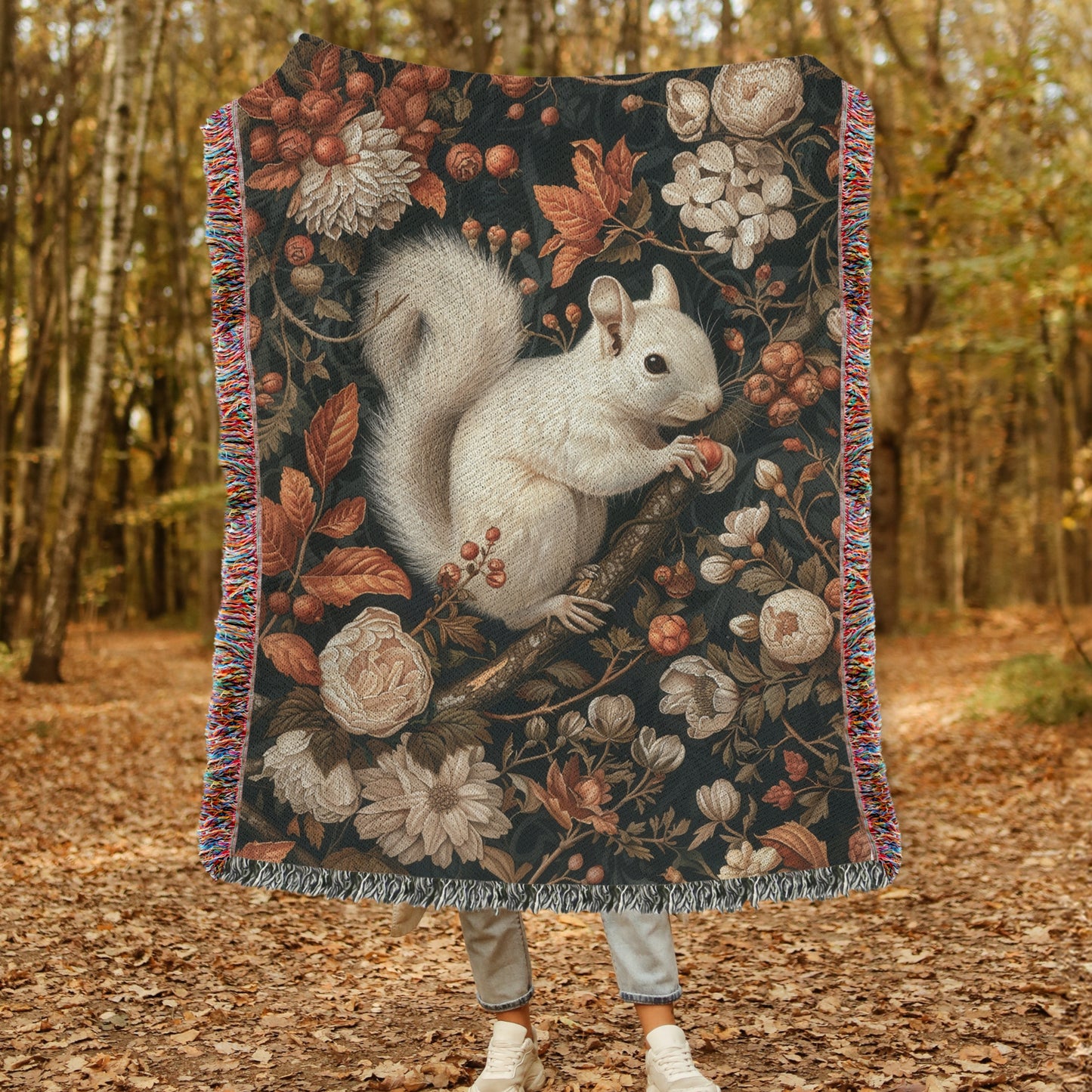 William Inspired Woodland White Squirrel Fall Autumn Forest Woven Blanket, Cozy Fall Home Decor Cotton Blanket