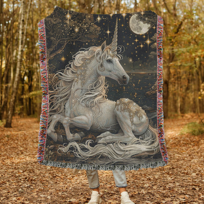 Victorian White Pearl Unicorn Crescent Moon Stars Art Woven Blanket, William Morris Style - Home Decor Gift, Cozy Throw, Wall Tapestry