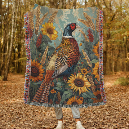 Art Deco Print Pheasant Grains Sunflowers, William morris Inspired Woven Cotton Blanket, Cozy Home Decor Blanket