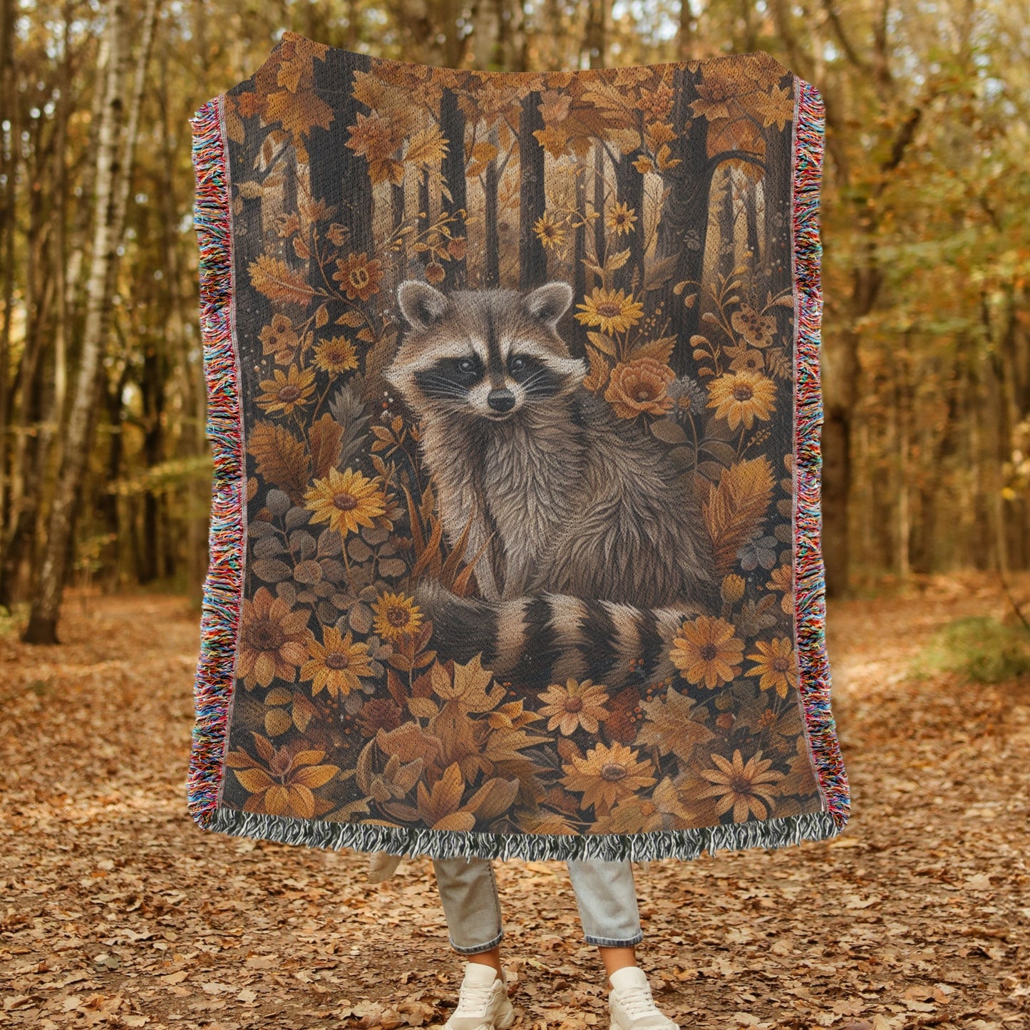 William Morris Inspired Woodland Raccoon Autumn Forest Woven Blanket, Home Decor Gift, Cozy Throw, Bedspread, Wall Tapestry