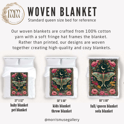 Luna Moth & Crescent Moon Woven Blanket, Floral Boho Tapestry Throw looks, Celestial Nature-Inspired Home Decor