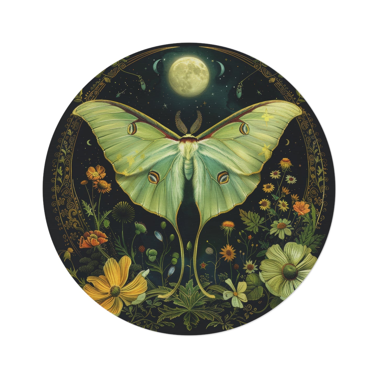 Botanical Luna Moth Moon Round Rug, William Morris Inspired Luna Moth Home Decor Round Area Rug