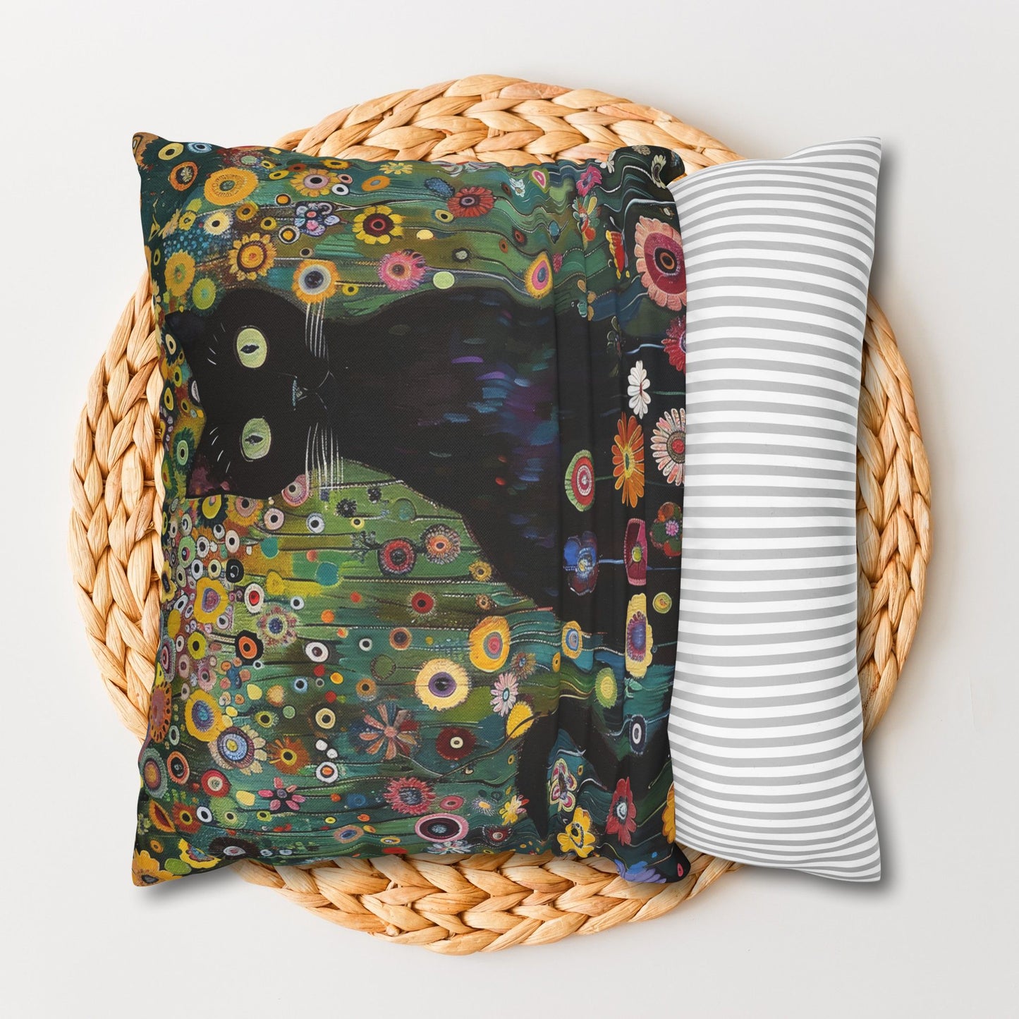 Whimsical Cat Floral Mewdow Square Pillowcase, Gustav Klimt Home Decor, Black Cat Cushion