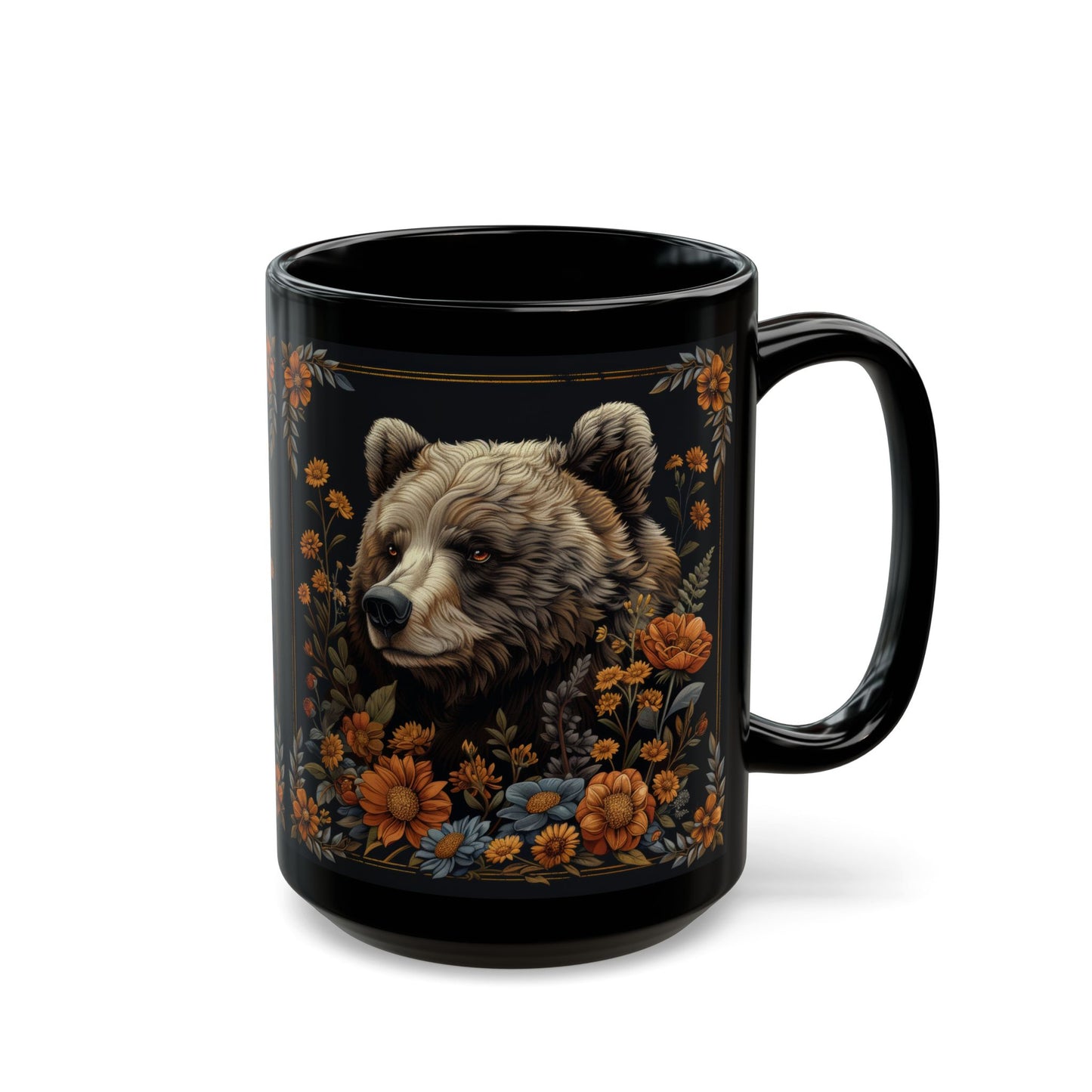 William Morris Inspired Floral Mama Bear Black Coffee Mug 11oz, 15 oz