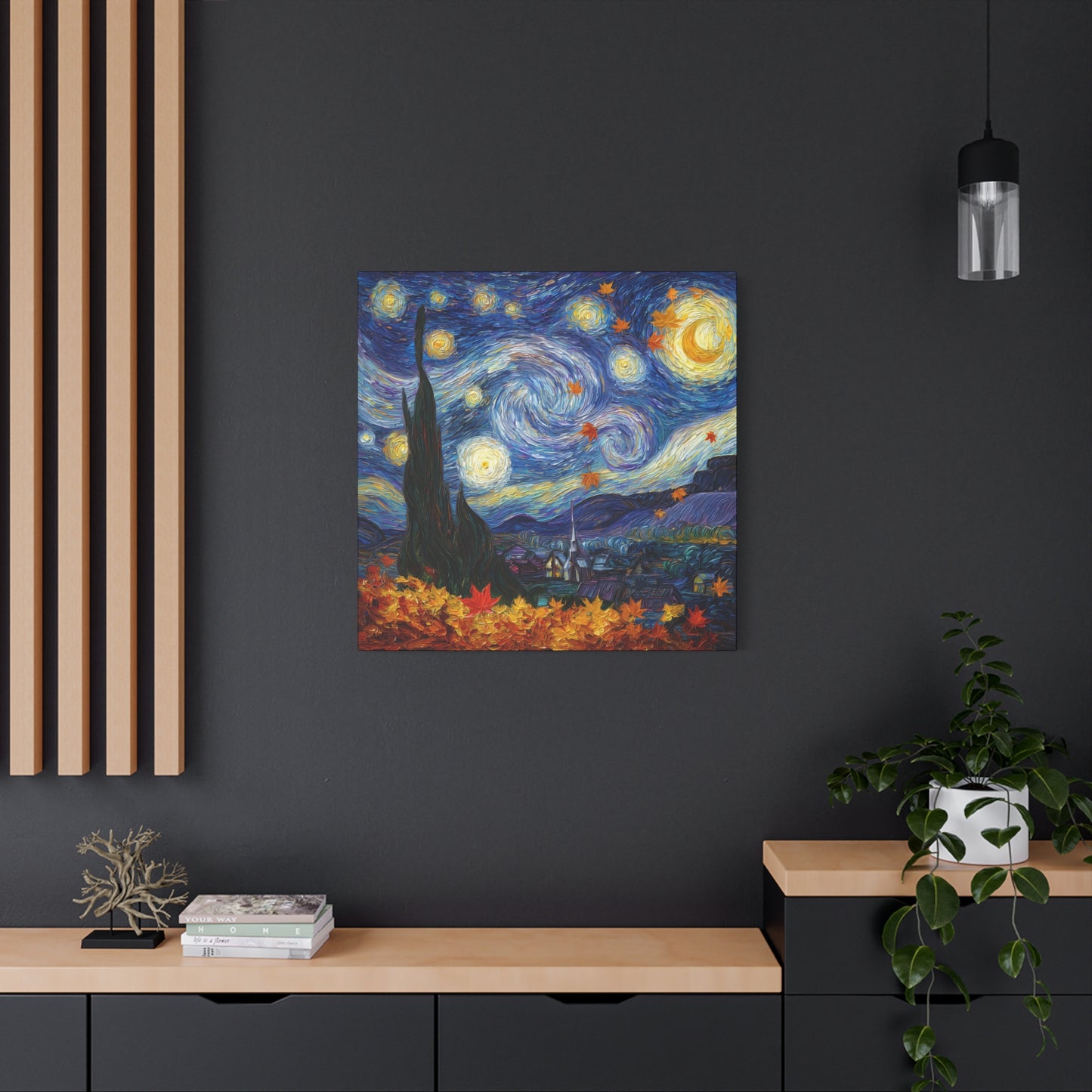 Autumn Starry Night Canvas Wall Art, Van Gogh Inspired Sky with Falling Leaves, Matte Stretched Canvas 1.25"
