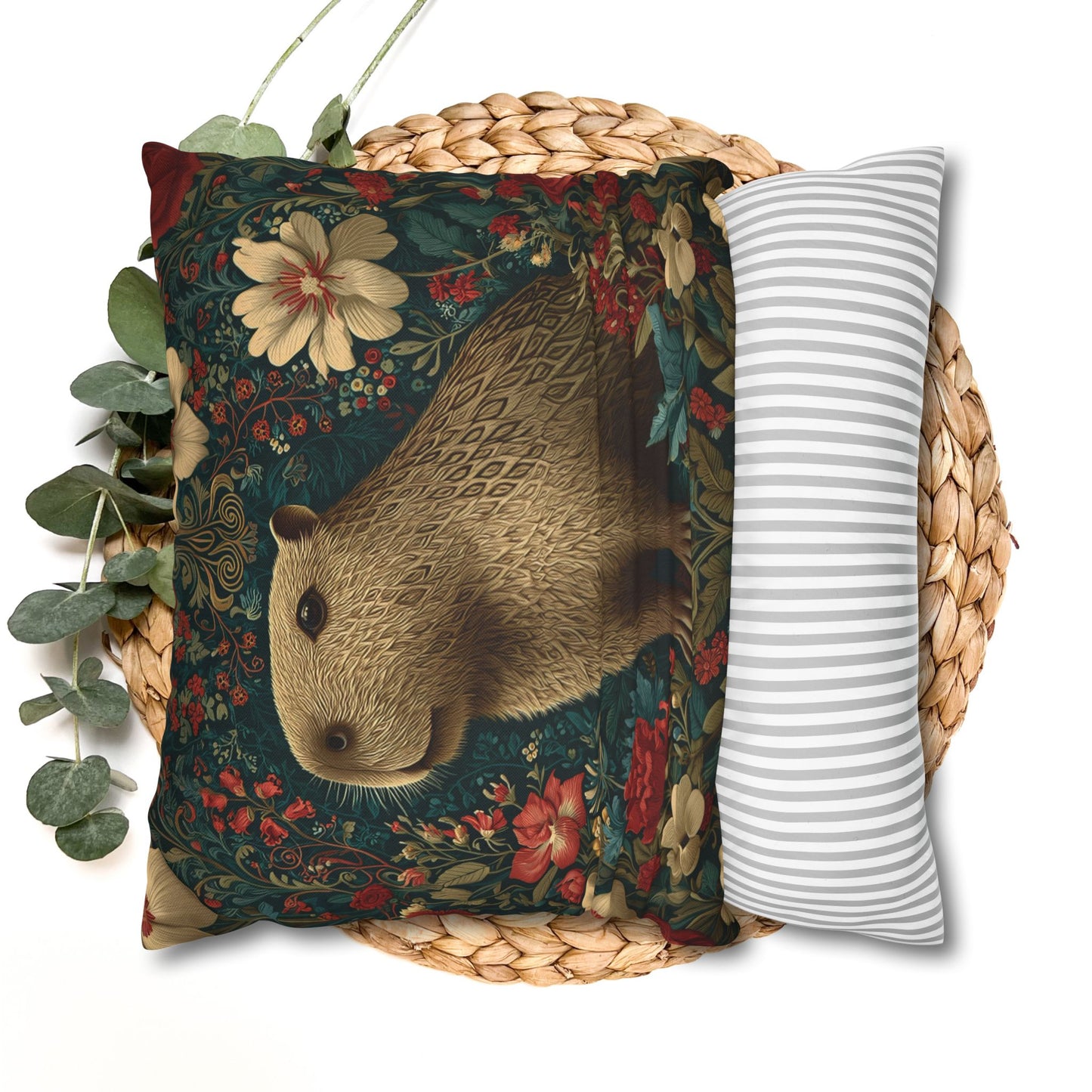 Capybara Floral Pillowcase, William Morris Style Botanical Animal Cushion for Cozy Home Decor