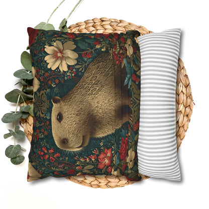 Capybara Floral Pillowcase, William Morris Style Botanical Animal Cushion for Cozy Home Decor