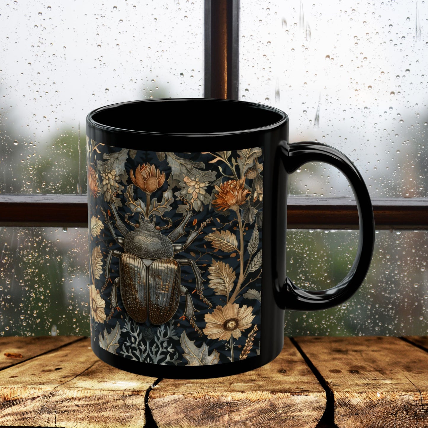 William Morris Inspired Beetle Botanicals Black Coffee Mug (11oz, 15 oz) Insect Lover Gift, Nature Garden Decor