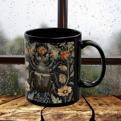 William Morris Inspired Beetle Botanicals Black Coffee Mug (11oz, 15 oz) Insect Lover Gift, Nature Garden Decor