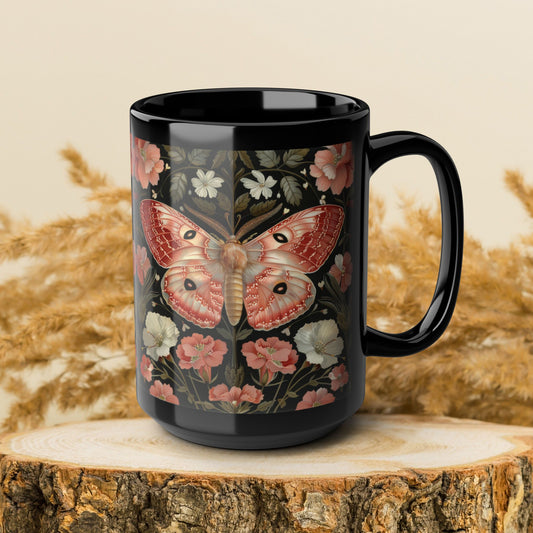 Woodland Pink Primrose Moth William Morris Inspired Black Coffee Mug For Her Him Ceramic Mug Black Mug 11oz, 15oz