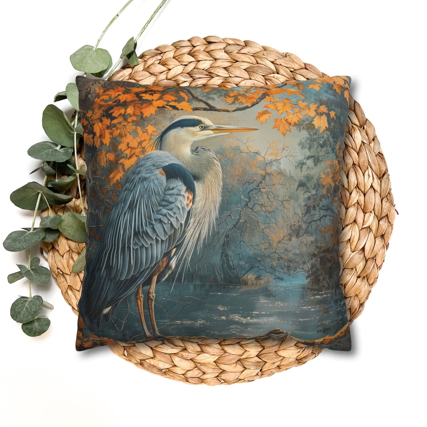 Autumn Heron Throw Pillowcase: Rustic Lake Scene Wildlife Decor