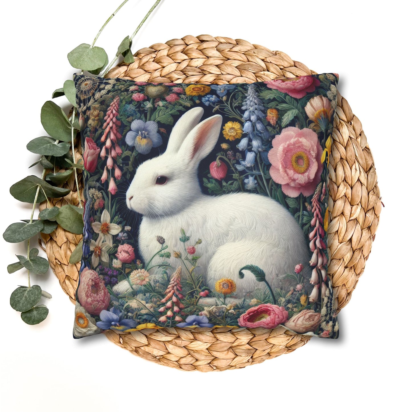Floral Bunny Pillowcase, Cozy Home Decor, Cute Easter Gift, Soft Throw Pillow Cover, Spring Decoration