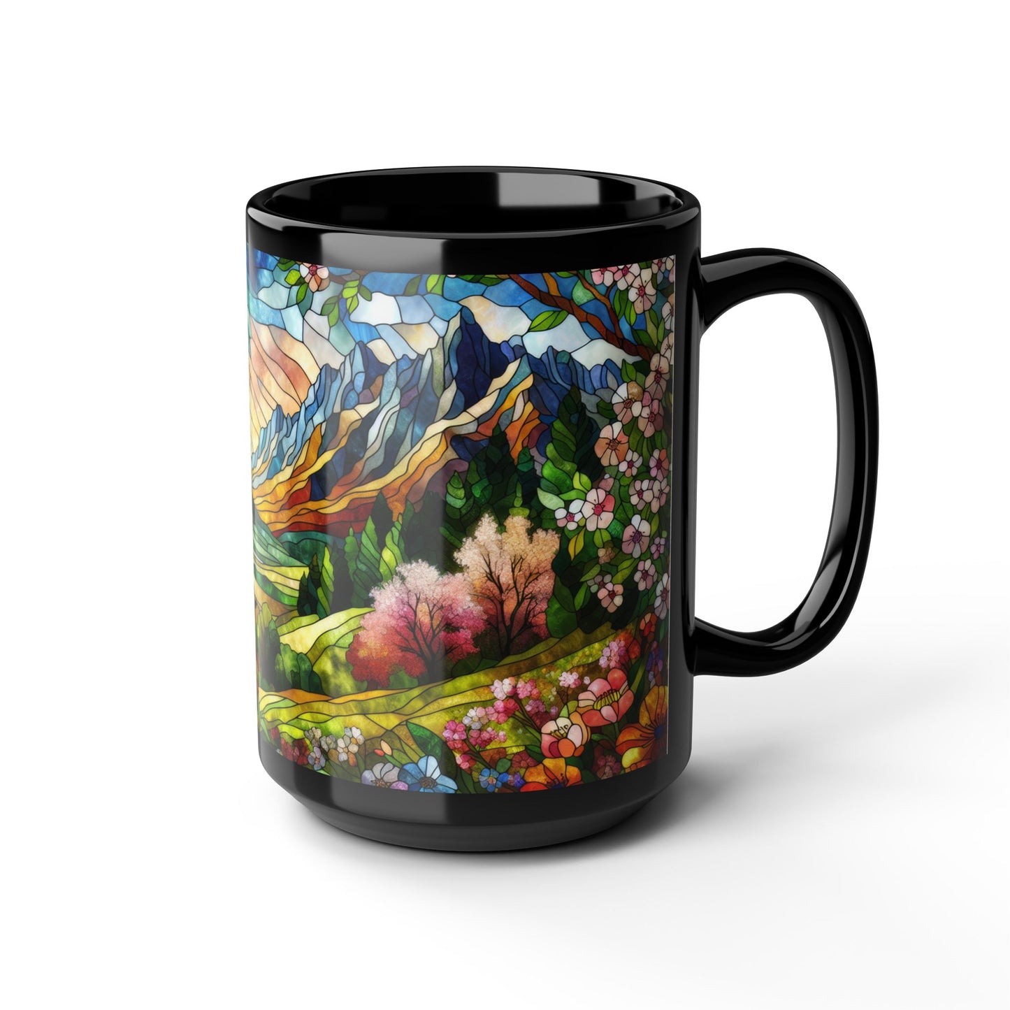 Faux Stained Glass Spring Mountain Coffee Mug | Nature Inspired | Outdoor Design | Gift for Nature Lover Coffee Mug 11oz, 15 oz