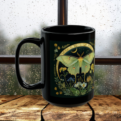 William Morris Inspired Luna Moth Crescent Moon Black Coffee Mug 11oz | Magical Luna Moth Ceramic Black Mug Gift