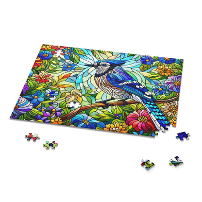 Stained glass Blue Jay Bird Spring Flower Jigsaw Puzzle Box (120, 252, 500-Piece) Adult Jigsaw Puzzle, Gift Him Her