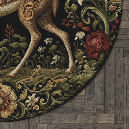 Elegant Deer Themed Round Rug, Bohemian Decor, Nature Inspired Home Accent, Floral Area Rug, Gift for Nature Lovers