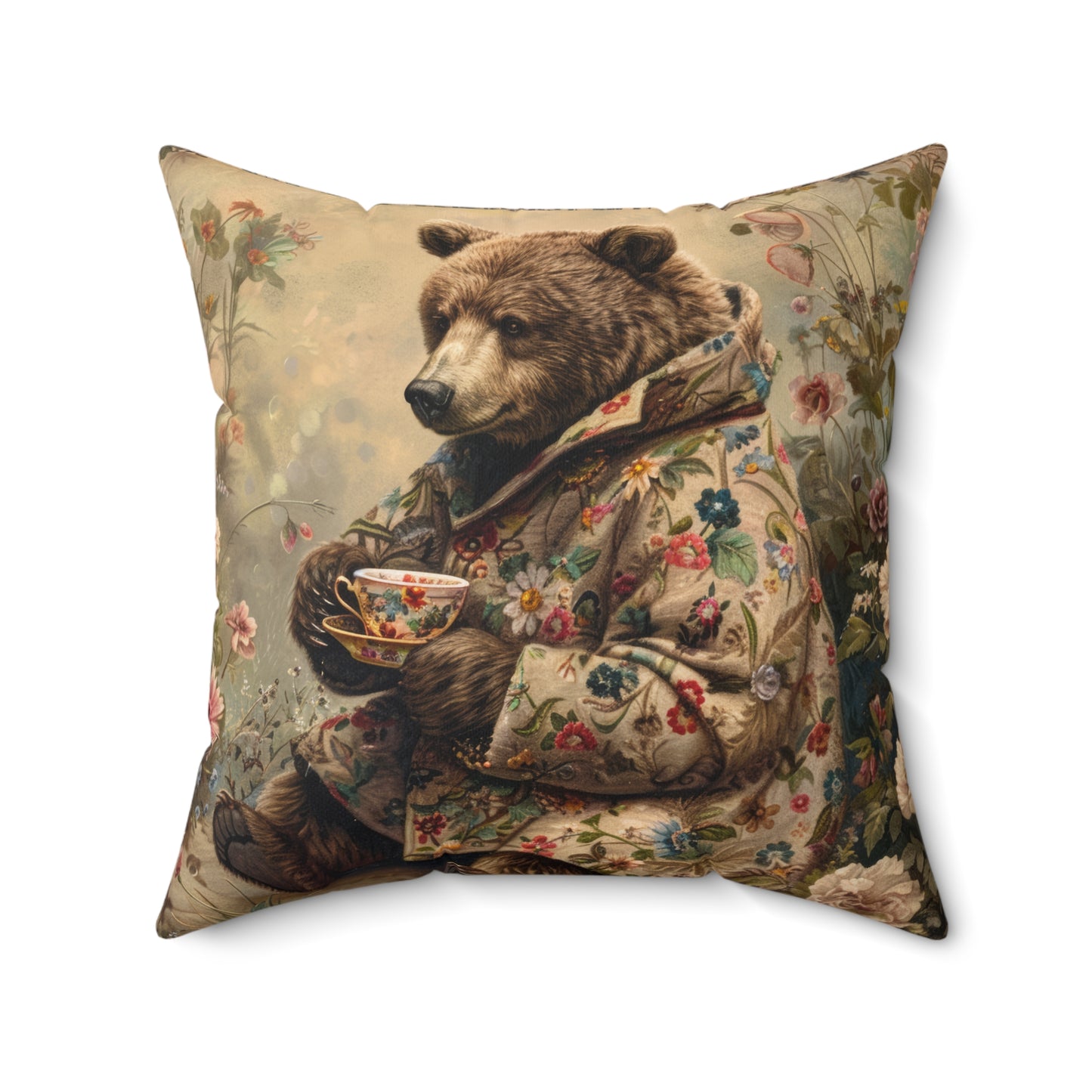 Cozy Floral Bear Tea Time Pillow Decorative Square Throw Pillow
