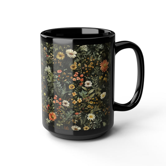 Dark Cottagecore Wildflowers Black Coffee Mug 11oz, 15 oz