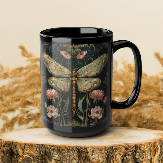 Victorian Dragonfly Coffee Mug, William Morris Inspired Pink Floral Black Ceramic Cup (11oz, 15oz)