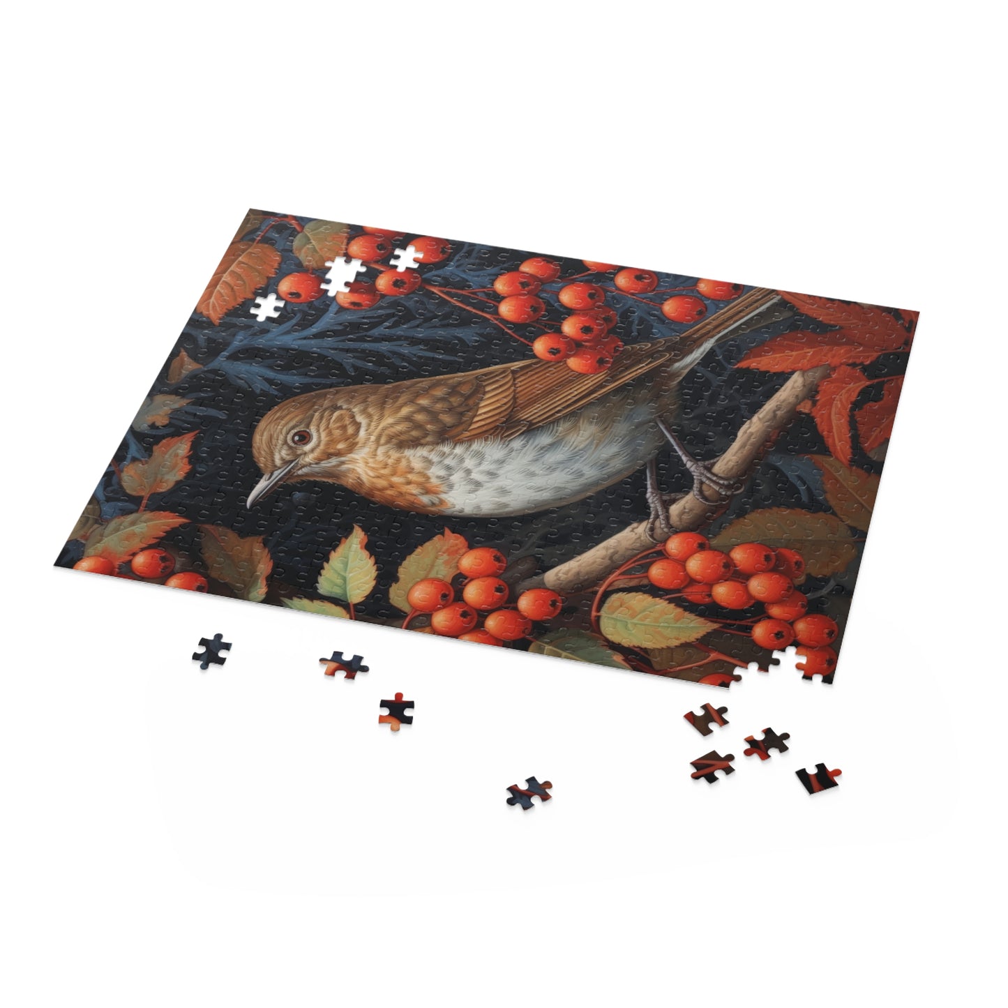 Albumen Thrush Bird Red Berries William Morris Inspired Puzzle Box (120, 252, 500-Piece) Family Jigsaw Puzzle, Puzzle Box Gift