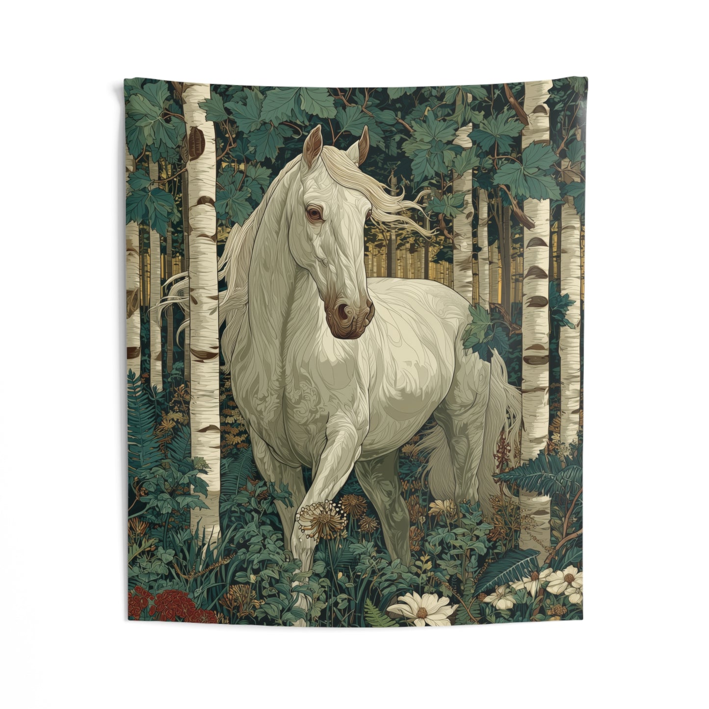 White Horse Forest Tapestry Birch Woodland Botanical Wall Hanging