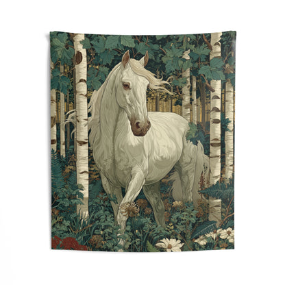 White Horse Forest Tapestry Birch Woodland Botanical Wall Hanging