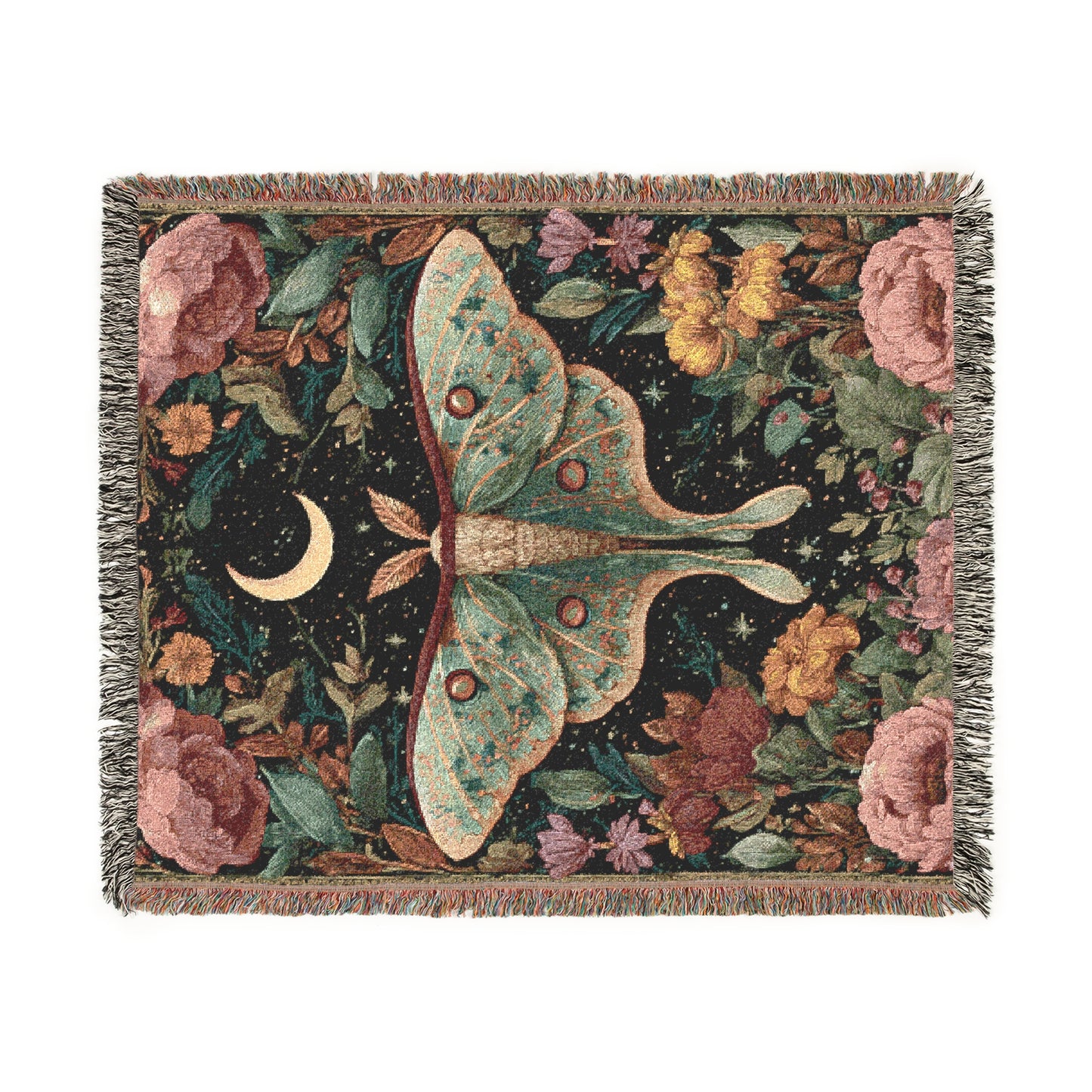 Luna Moth & Crescent Moon Woven Blanket, Floral Boho Tapestry Throw looks, Celestial Nature-Inspired Home Decor