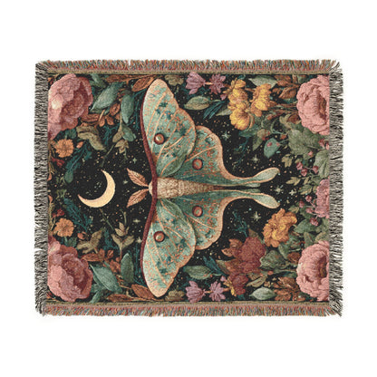 Luna Moth & Crescent Moon Woven Blanket, Floral Boho Tapestry Throw looks, Celestial Nature-Inspired Home Decor