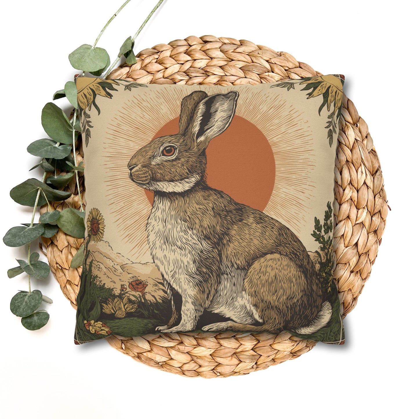 Retro Botanical Rabbit Pillowcase , Rustic Rabbit Sunburst Throw Pillow Cover