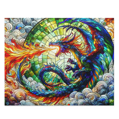 Colorful Dragon Stained Glass Jigsaw Puzzle Box (120, 252, 500-Piece) Adult Jigsaw Puzzle, Gift Him Her