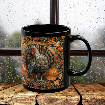 Fall Turkey William Morris Inspired Black Coffee Mug For Her Him Ceramic Mug Black Mug 11oz, 15oz