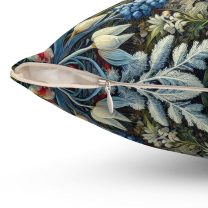 William Morris Inspired Woodland Snowy Owl Winter flowers Decorative Pillow