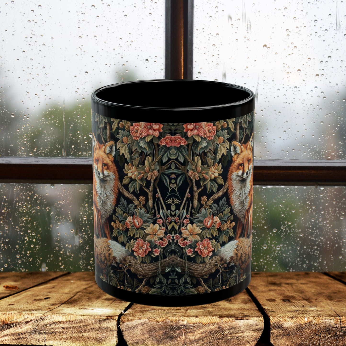 Forest Fox William Morris Inspired | Fox Ancient Black Coffee Mug For Her Him Ceramic Mug Black Mug 11oz, 15oz