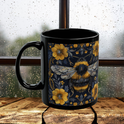 Bumblebee Gold Botanicals William Morris Inspired Black Coffee Mug For Her Him Ceramic Mug Black Mug 11oz, 15oz