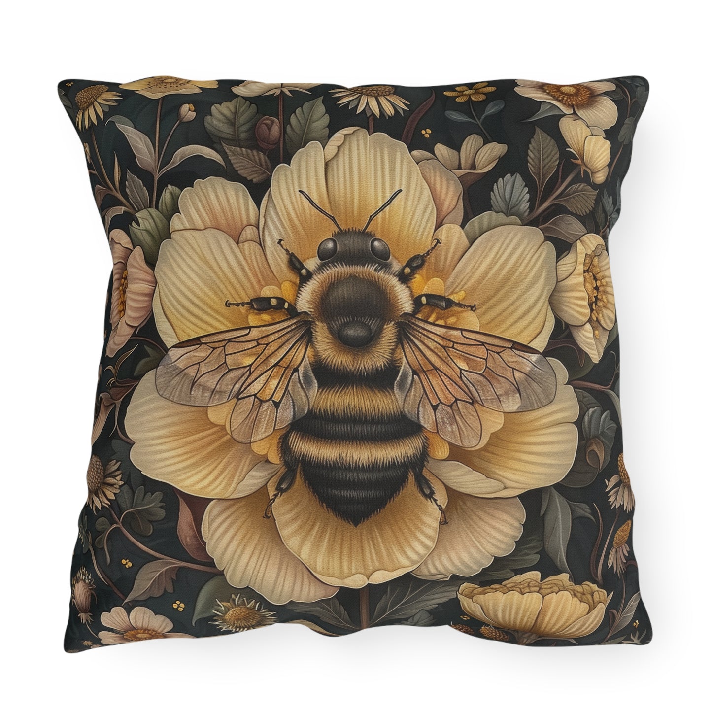 Bee Outdoor Pillow, Bumblebee Throw Pillow, Floral Garden Cushion, Pollinator Decor, Botanical Accent Pillow, Nature Lover Gift, Bee Lover Pillow
