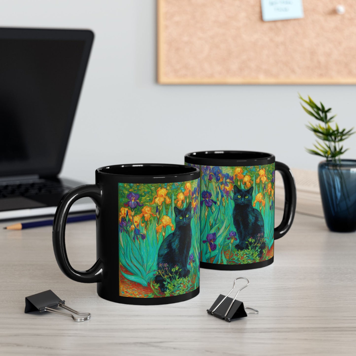 Black Cat Iris Mug, Van Gogh Inspired Cat Art Mug, Colorful Impressionist Floral Black Ceramic Mug, Artistic Cat Lover Gift, 11oz & 15oz