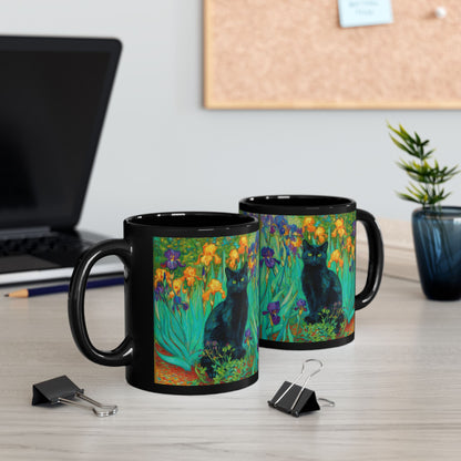 Black Cat Iris Mug, Van Gogh Inspired Cat Art Mug, Colorful Impressionist Floral Black Ceramic Mug, Artistic Cat Lover Gift, 11oz & 15oz