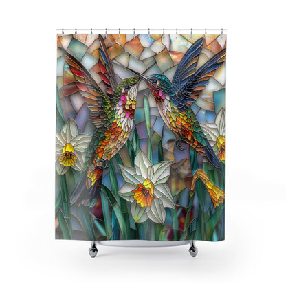 Stained Glass Hummingbirds Daffodils Field Polyester Shower Curtain