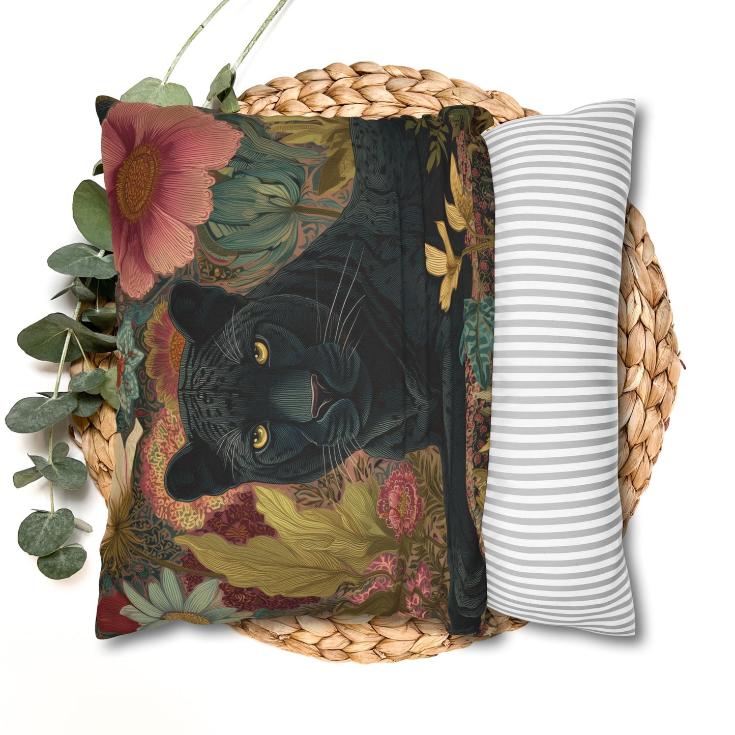 Black Panther Pillowcase, Elegant Botanical Animal Cushion, William Morris Inspired Floral Jungle