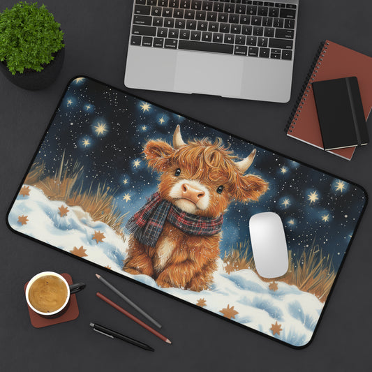 Highland Cow Winter Night Gaming Desk Mat | Gamer Keyboard Mouse Pad, Office Decor Gift, Desk Mats